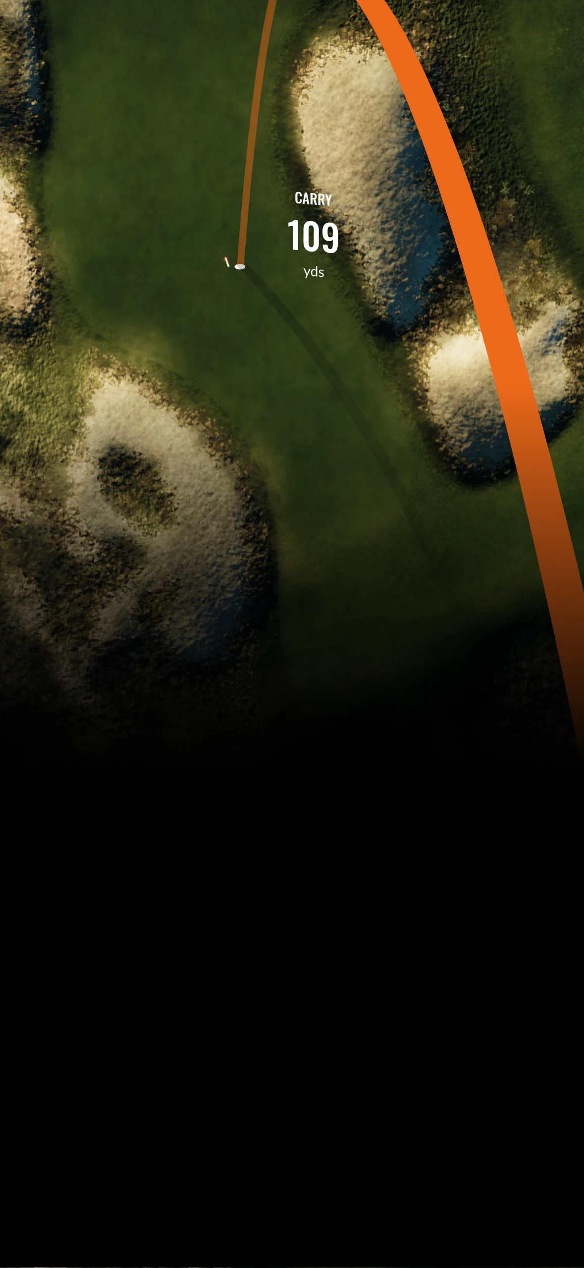 A digital golf shot trajectory on a green map. Orange arc shows a shot carry of 109 yards.