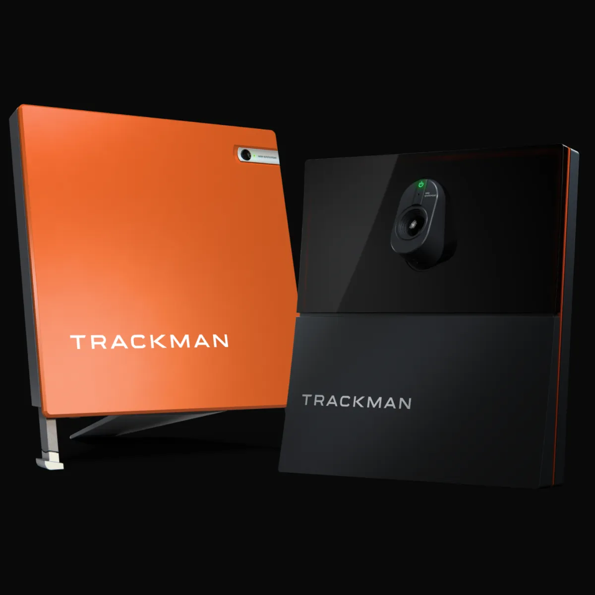 Two TrackMan devices, one orange and one black, featuring cameras and sleek designs, used for sports performance analysis.