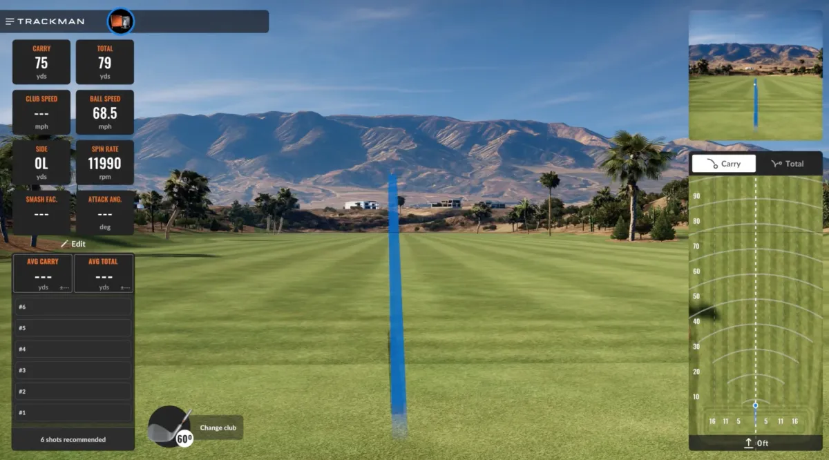 Golf simulation screen showing a shot trajectory on a course with mountains in the background. Data includes carry, total yards, and club speed.