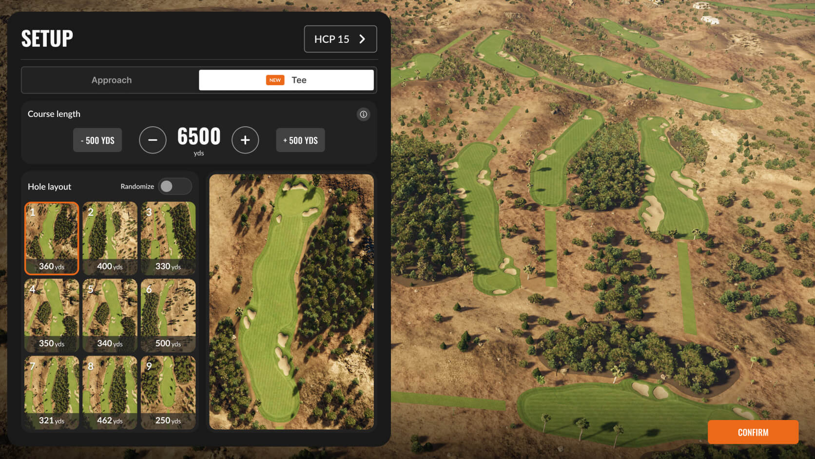 Golf course setup screen showing aerial view of the course and options for hole layout and course length.