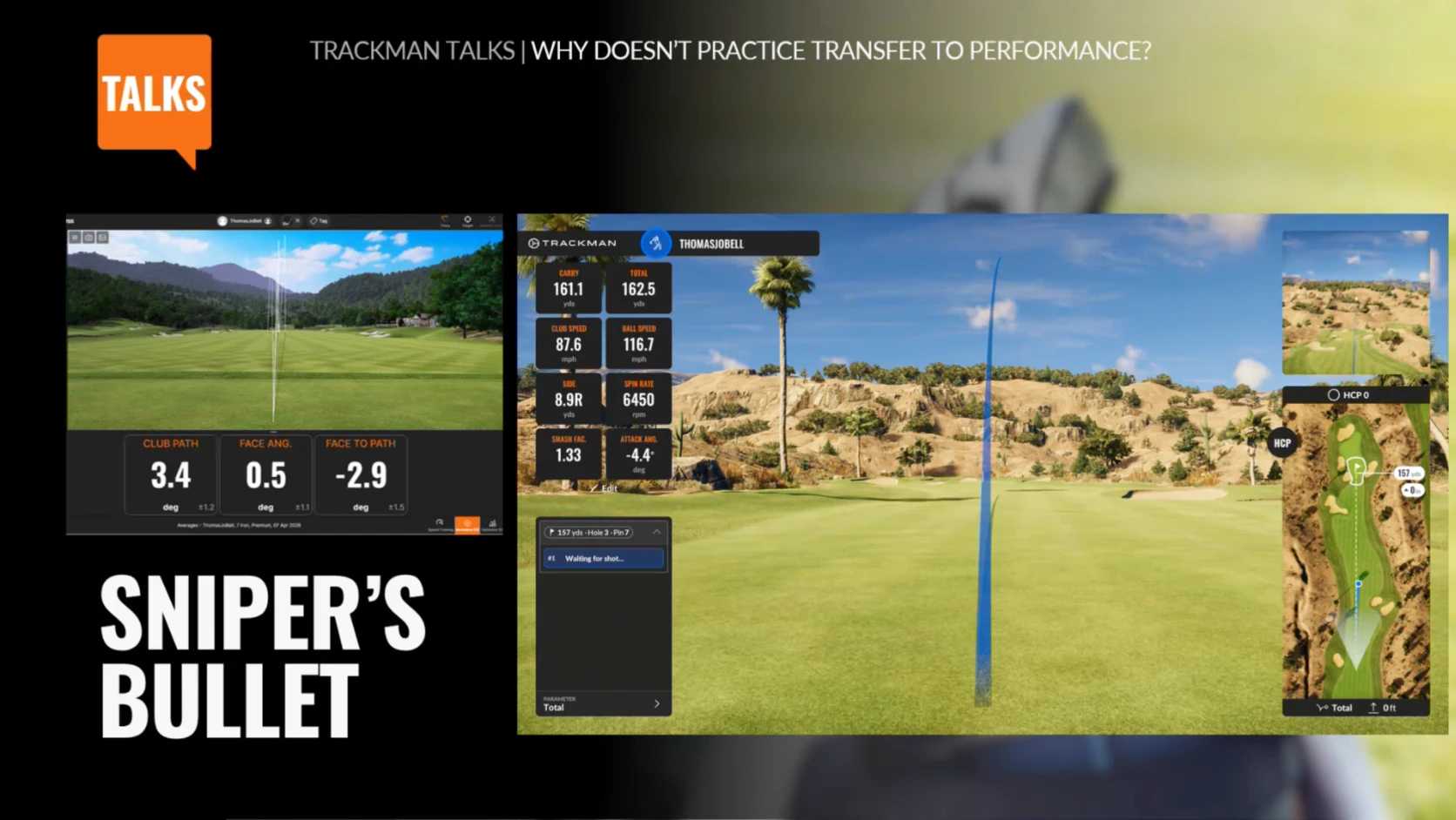 Golf practice interface showing swing metrics and shot data on a course image, with text "Sniper's Bullet" and "TrackMan Talks."