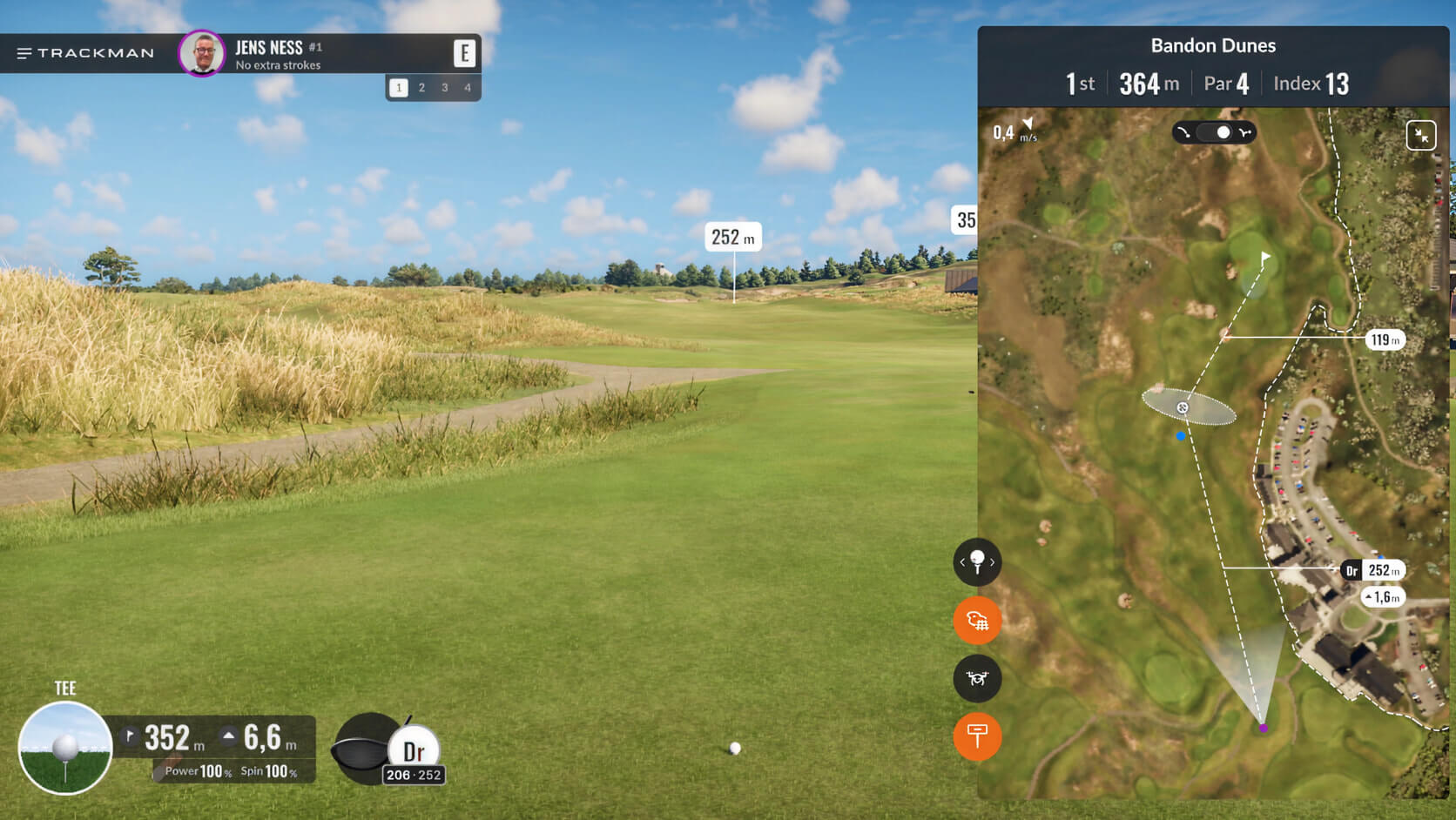 Golf course simulation showing a fairway with distance markers, a map overlay, and player stats on the screen.