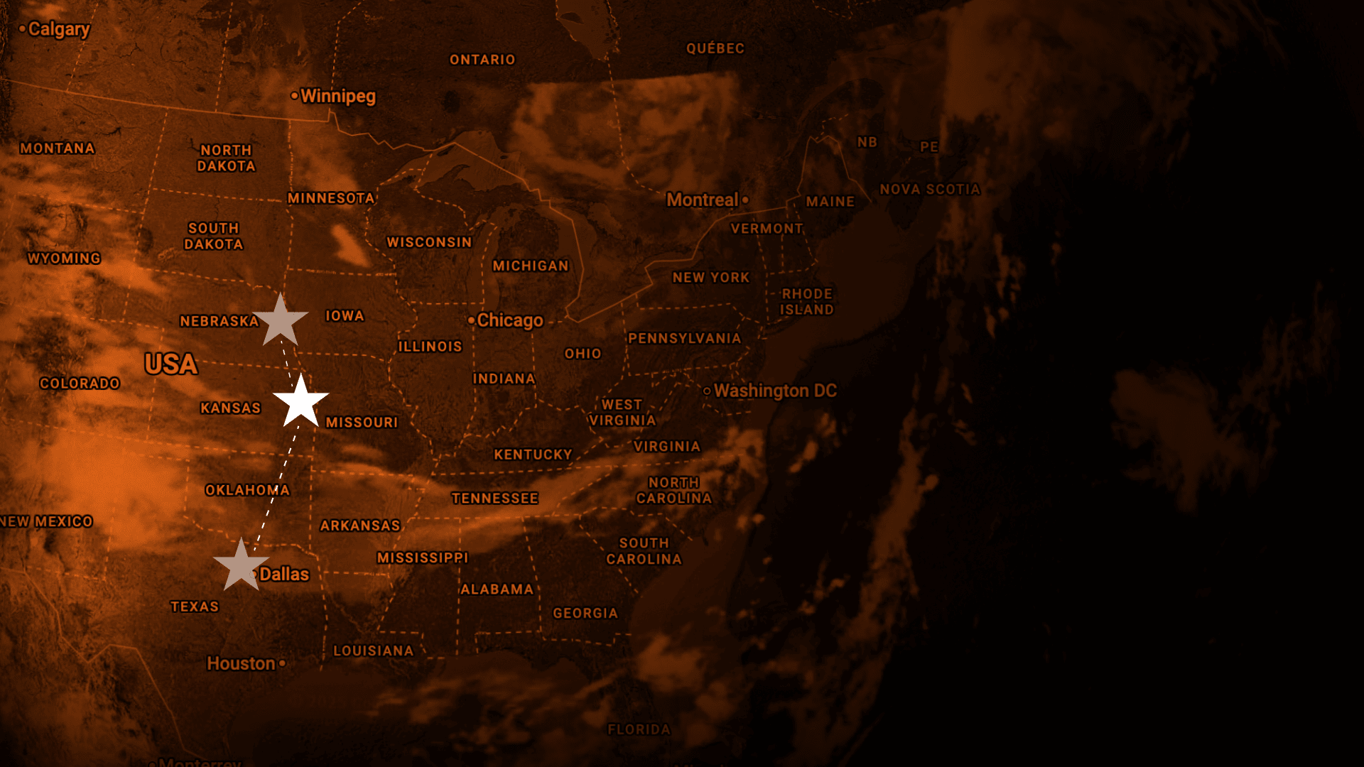 Map of the central and eastern USA with three white stars marking locations in Kansas, Missouri, and Texas, set against a dark, reddish background.
