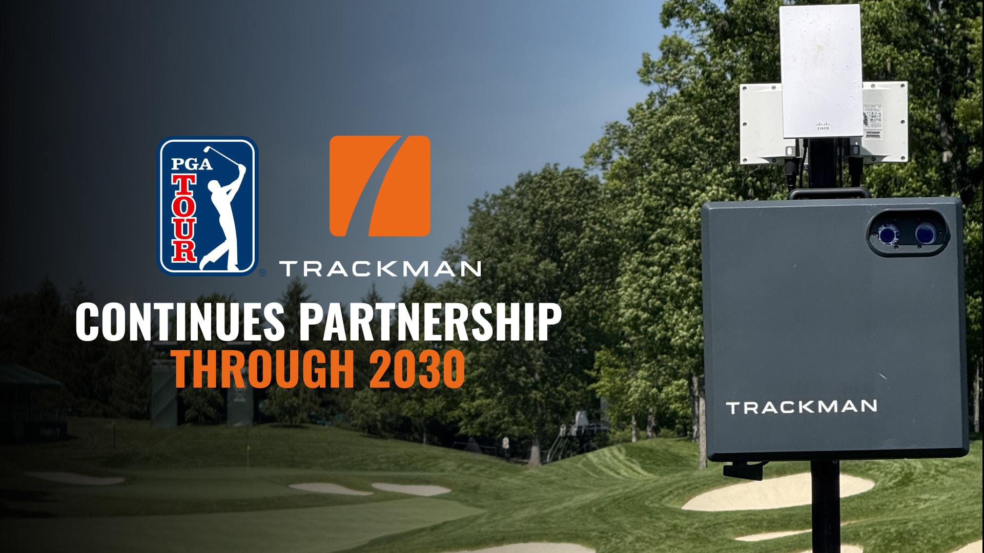 PGA Tour and TrackMan extend partnership through 2030; background shows a golf course with trees and a TrackMan device.