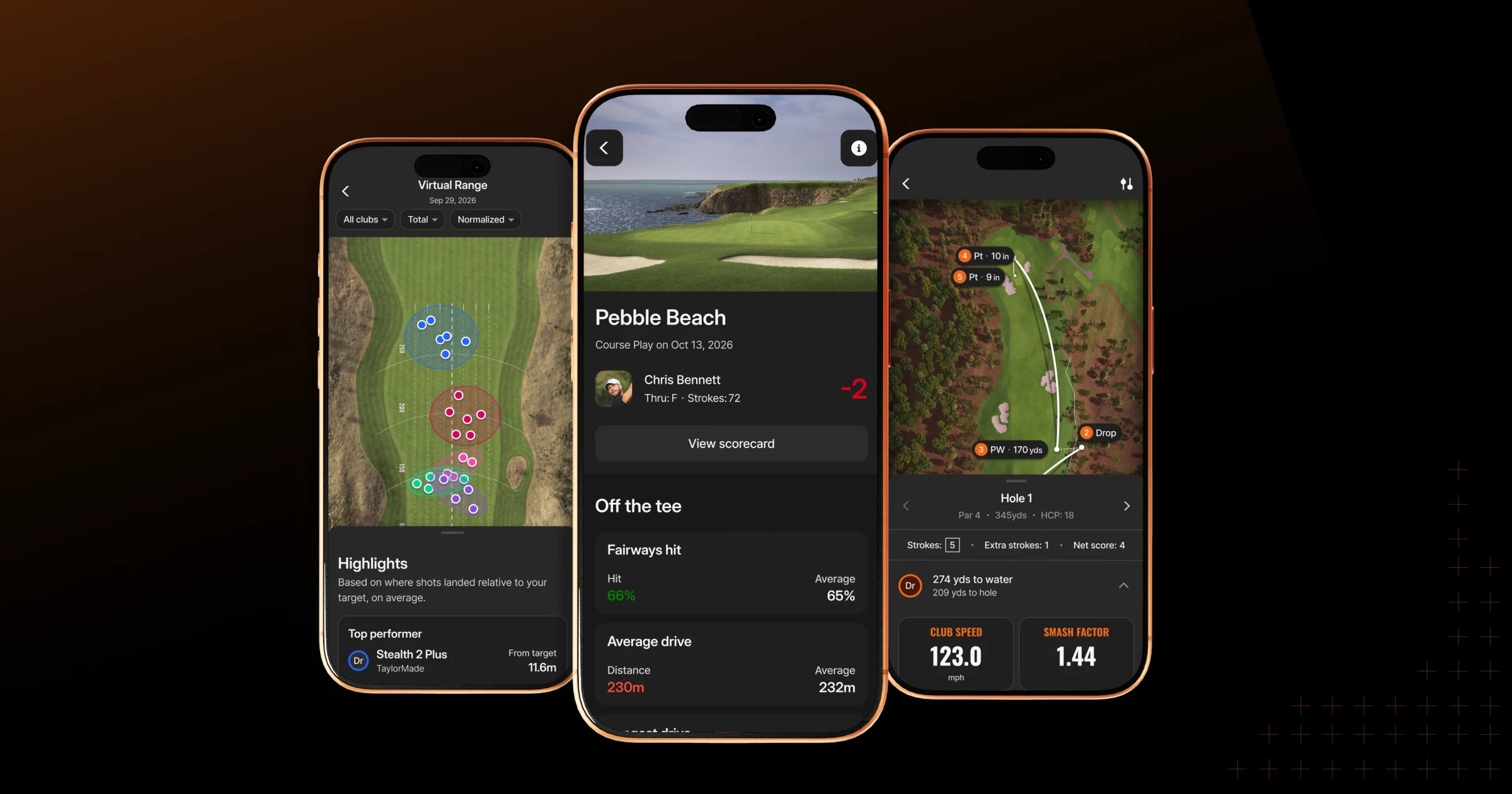 Three smartphones display a golf app showing different course views, shot statistics, and player performance at Pebble Beach.