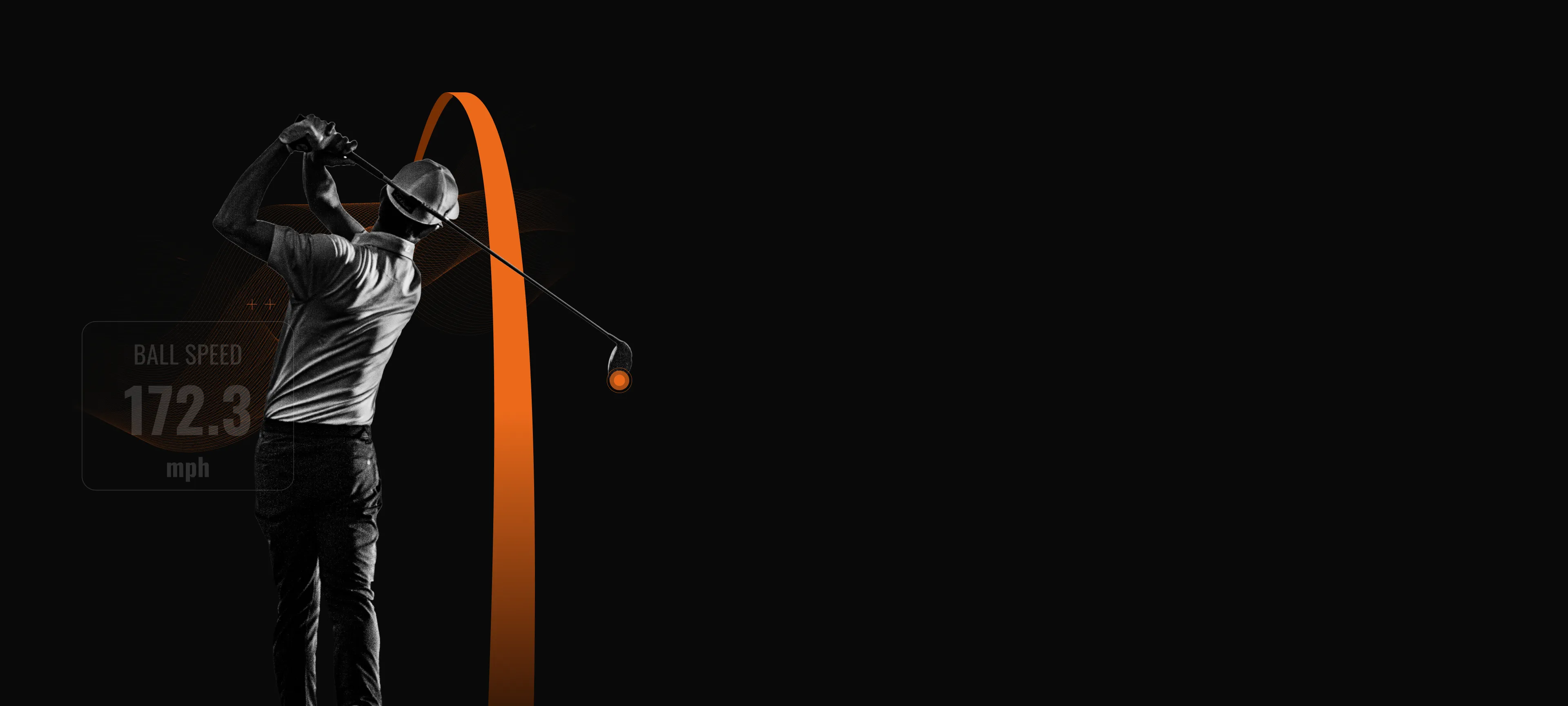 Golfer swings with curved trajectory, showing ball speed of 172.3 mph on a dark background.