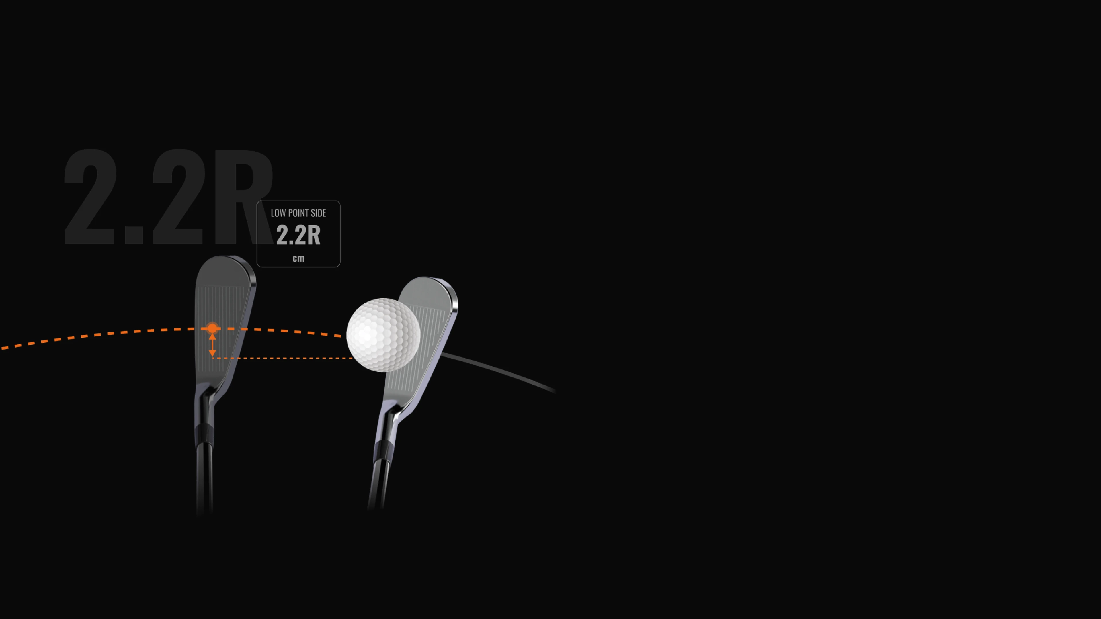 Golf club and ball with trajectory lines on a black background, showing 2.2R measurement for low point side in centimeters.