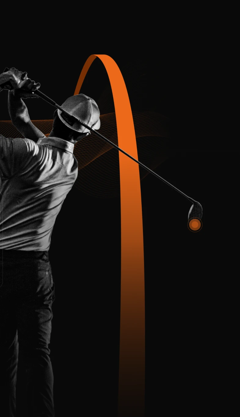 Golfer in mid-swing with an orange arc illustrating the ball's trajectory against a dark background.