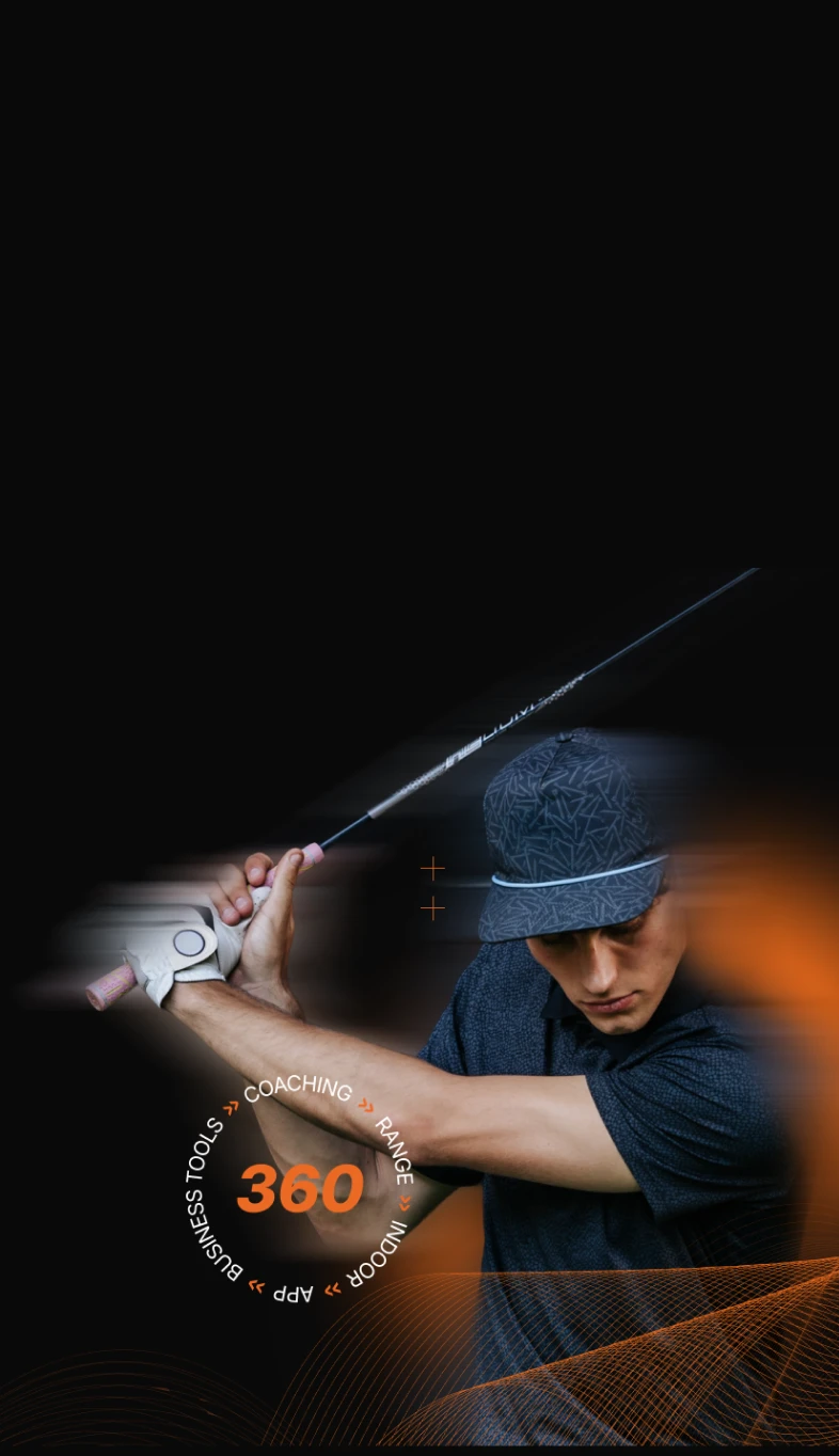 Golfer in mid-swing against a dark background, with dynamic motion effects and the words "360, Coaching, Range, Business Tools, App" visible.